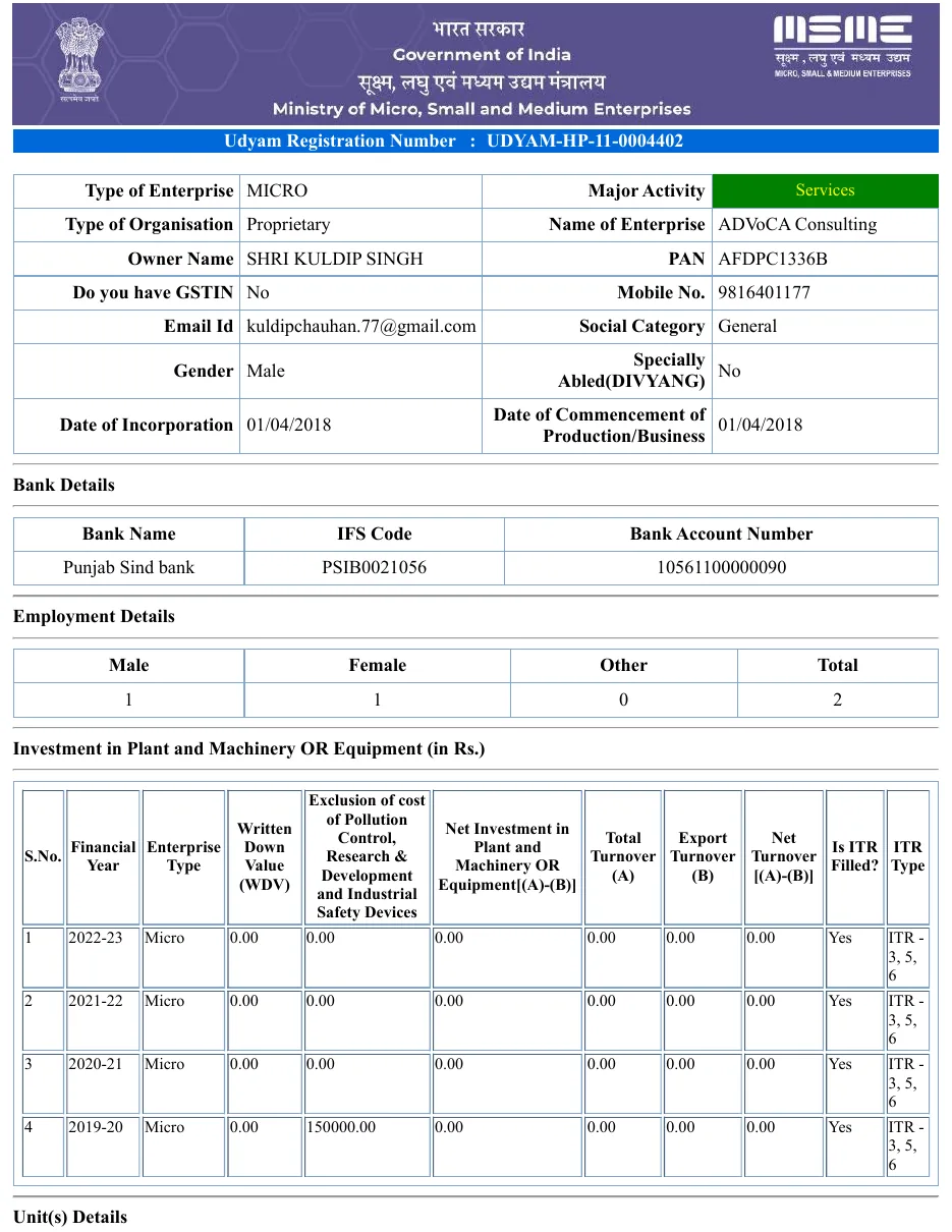 Udyam registration profile showing ADVoCA Consulting proprietor details